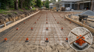Steel mesh reinforcement installed before concrete pouring to strengthen the slab and prevent cracking.