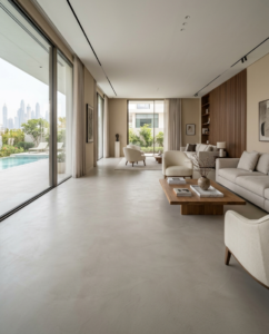 Seamless grey microtopping floor in a modern Dubai apartment living room